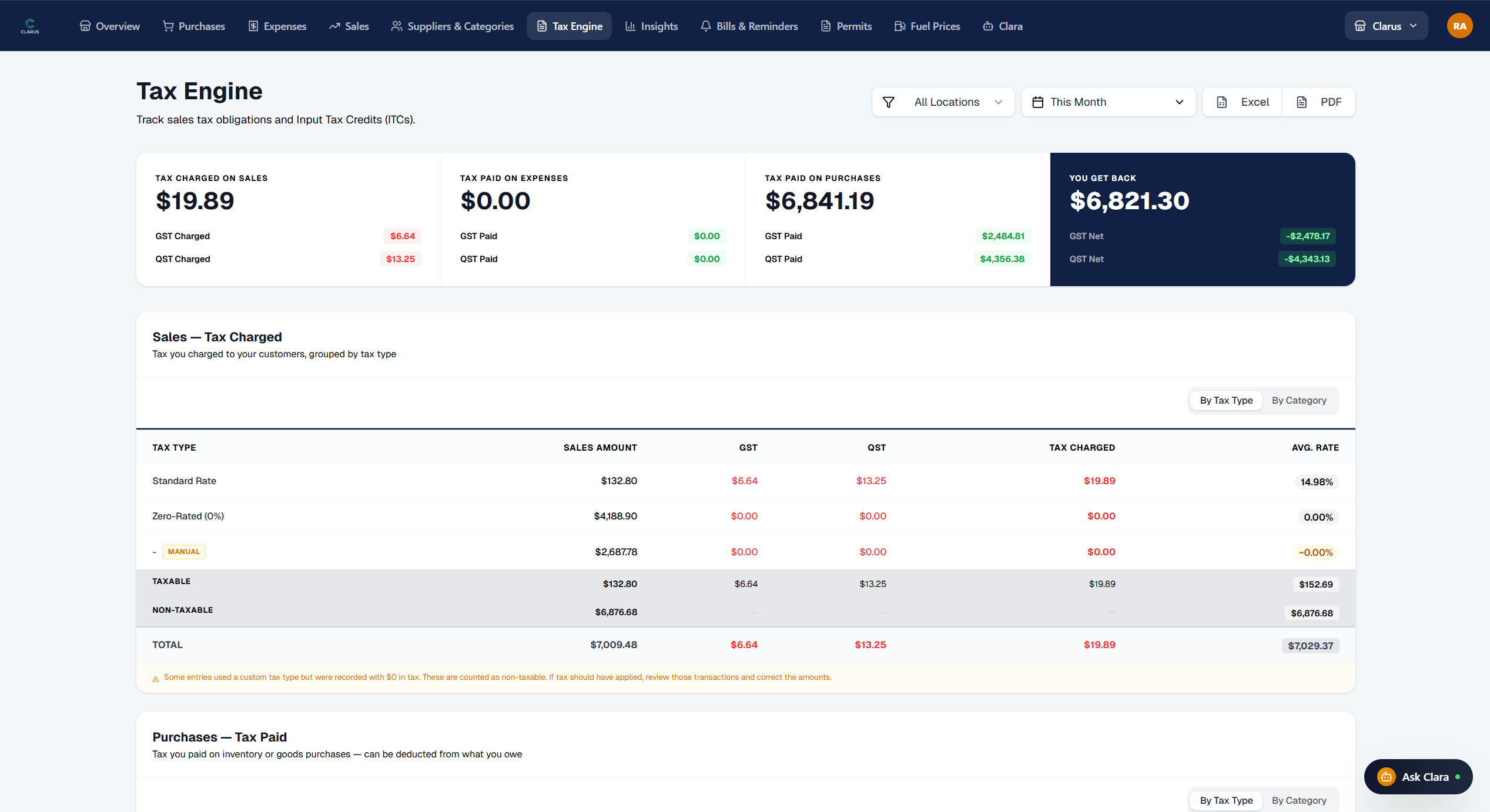 GST, QST & ITCs — calculated automatically.